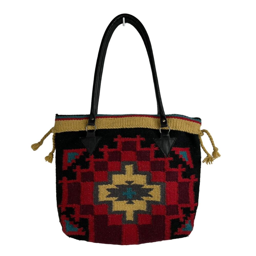 Handwoven‎ Wool Malibu Tote Saddle Blanket Bags Leather Handles Southwest Aztec